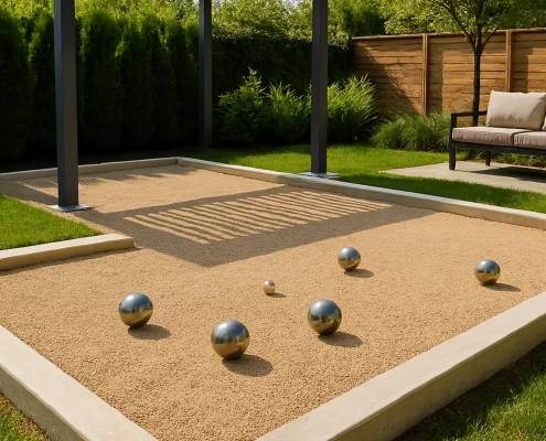Terrain de pétanque avec banc et pergola.