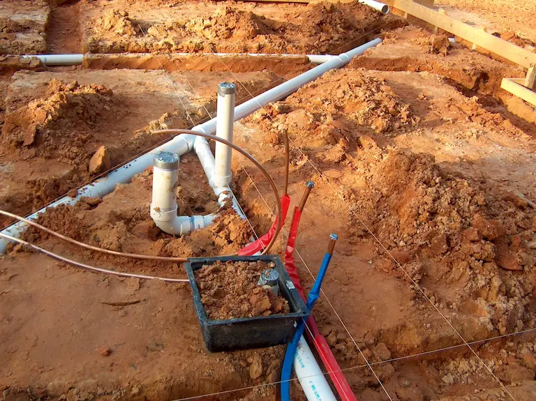 Travaux de plomberie dans terrain en construction.