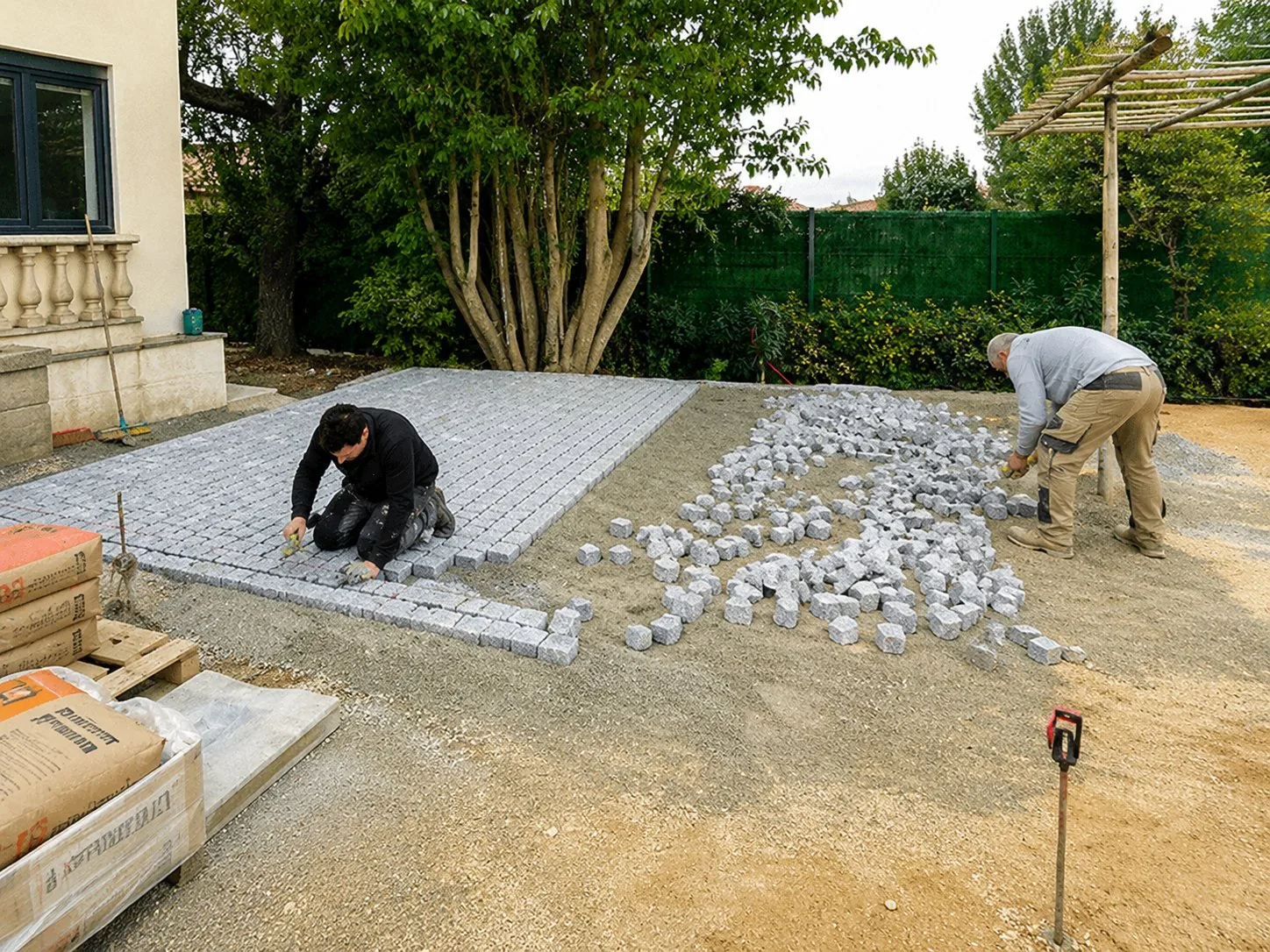 pose pave granit eventail ouvriers cabries Pose de pavés pour terrasse extérieure