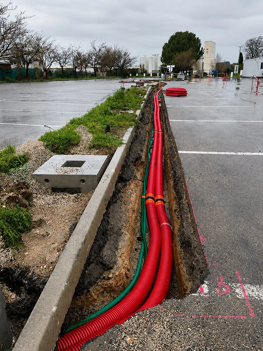 reseaux fourreaux alimentation bornes marseille Tranchée avec gaines rouges dans parking